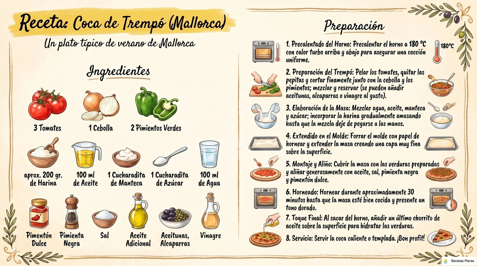 Infografía con los ingredientes y la preparación de Coca de trempó