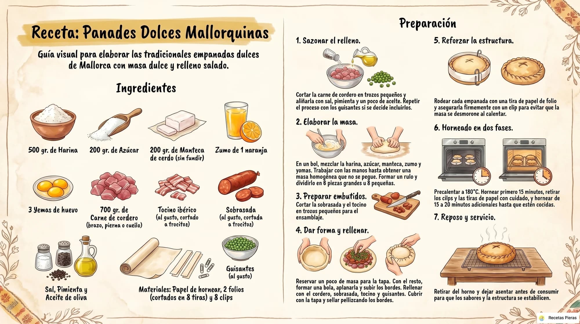 Infografía con los ingredientes y la preparación de Panades dolces