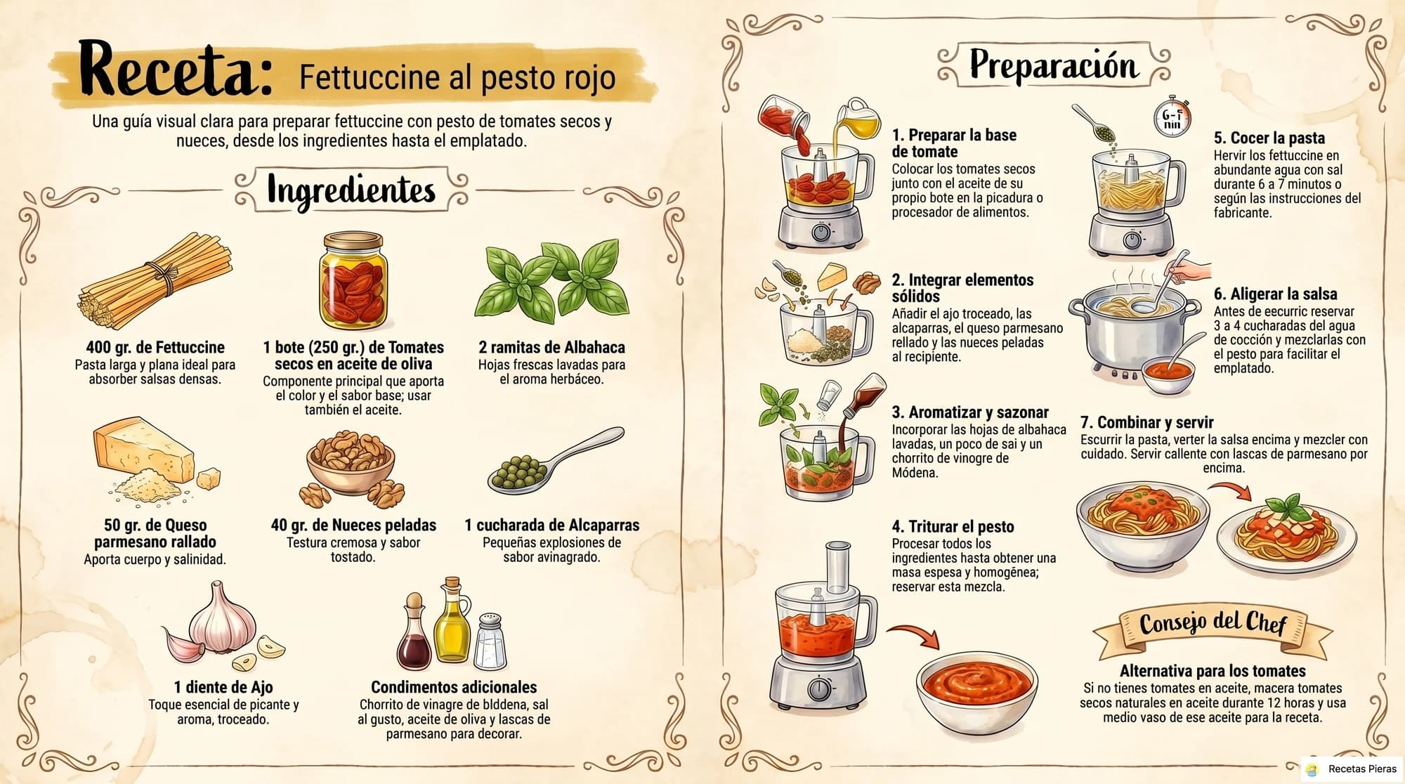 Infografía con los ingredientes y la preparación de Fettuccine al pesto rojo