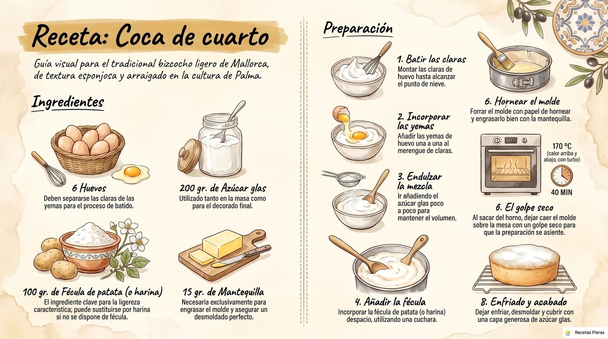 Infografía con los ingredientes y la preparación de Coca de cuarto