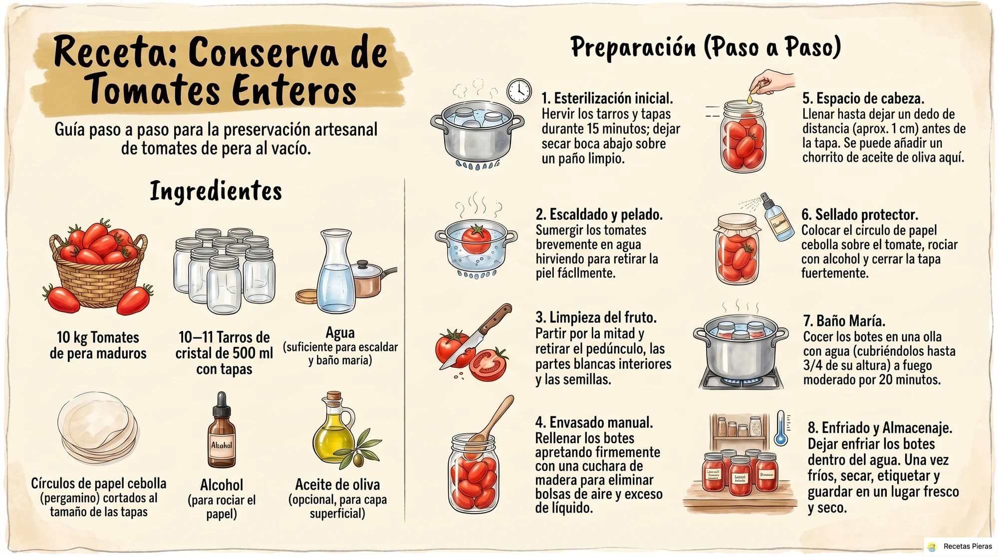 Infografía con los ingredientes y la preparación de Conserva de tomates