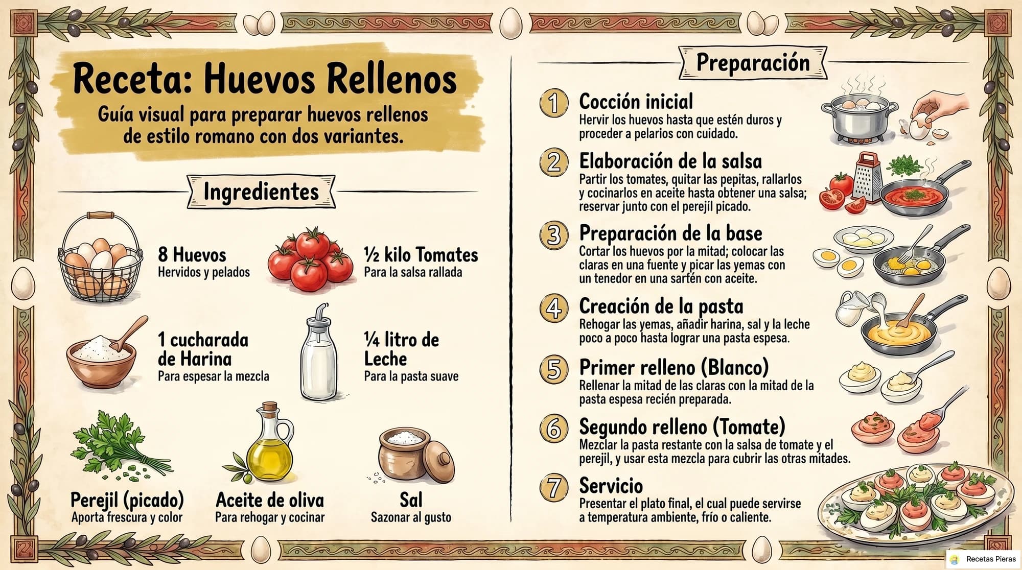 Infografía con los ingredientes y la preparación de Huevos rellenos