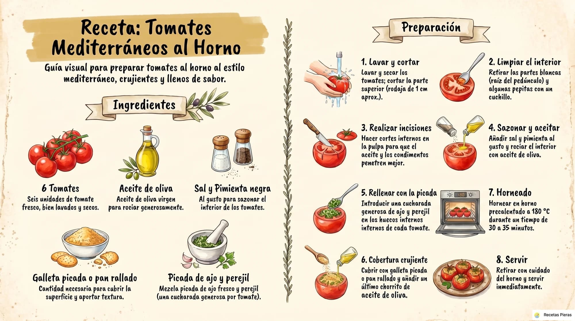 Infografía con los ingredientes y la preparación de Tomates al horno