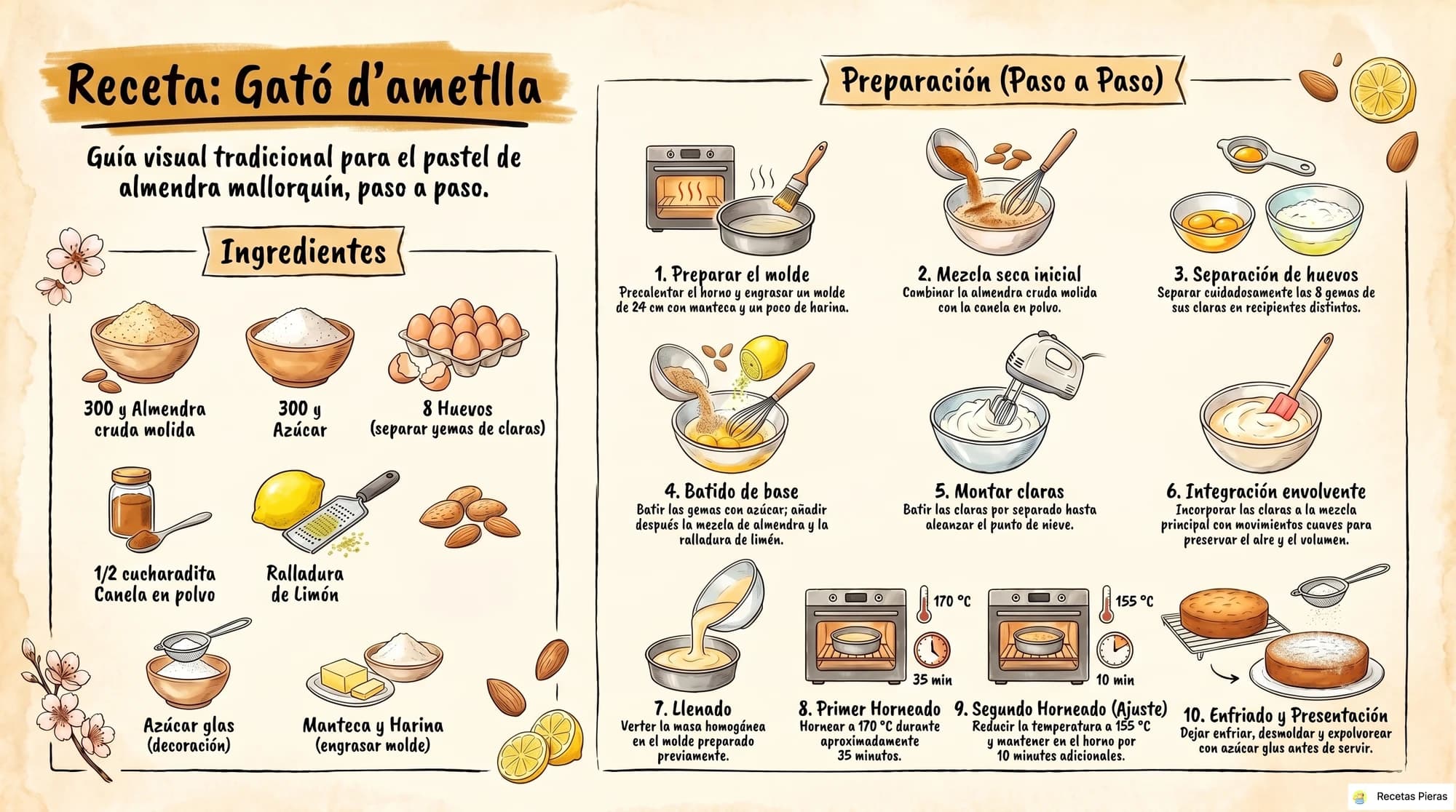 Infografía con los ingredientes y la preparación de Gató d’ametlla