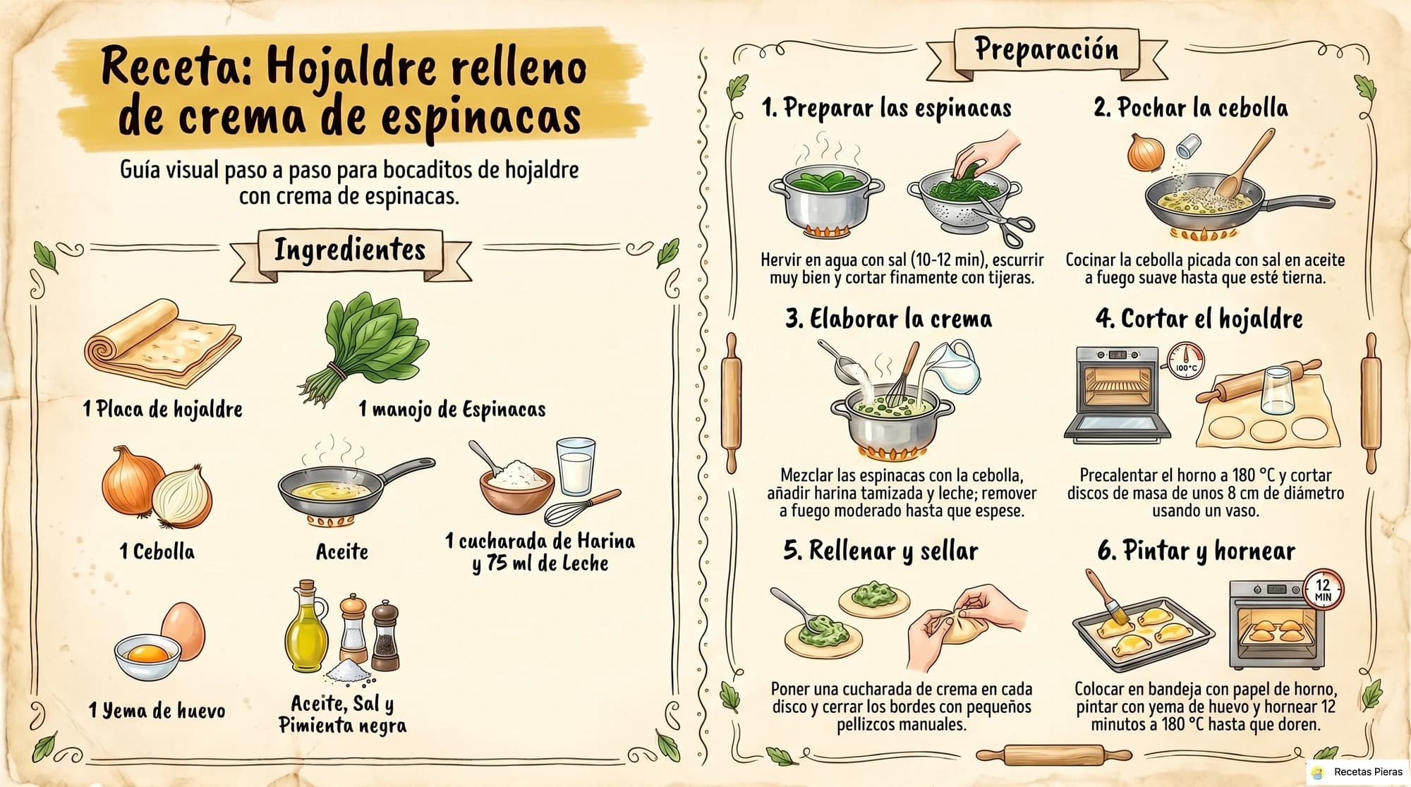 Infografía con los ingredientes y la preparación de Hojaldre relleno de crema de espinacas