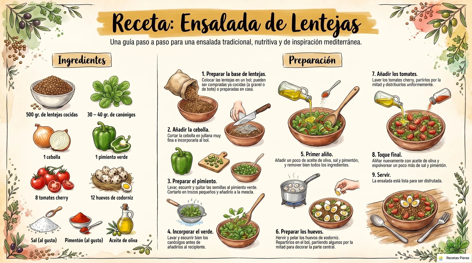 Infografía con los ingredientes y la preparación de Ensalada de lentejas