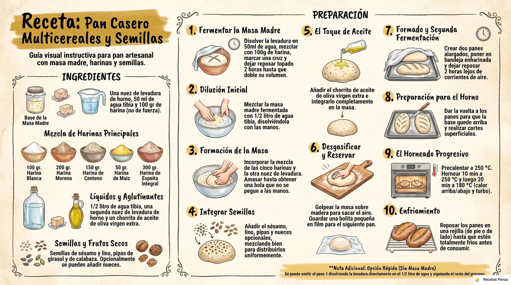Infografía con los ingredientes y la preparación de Pan casero