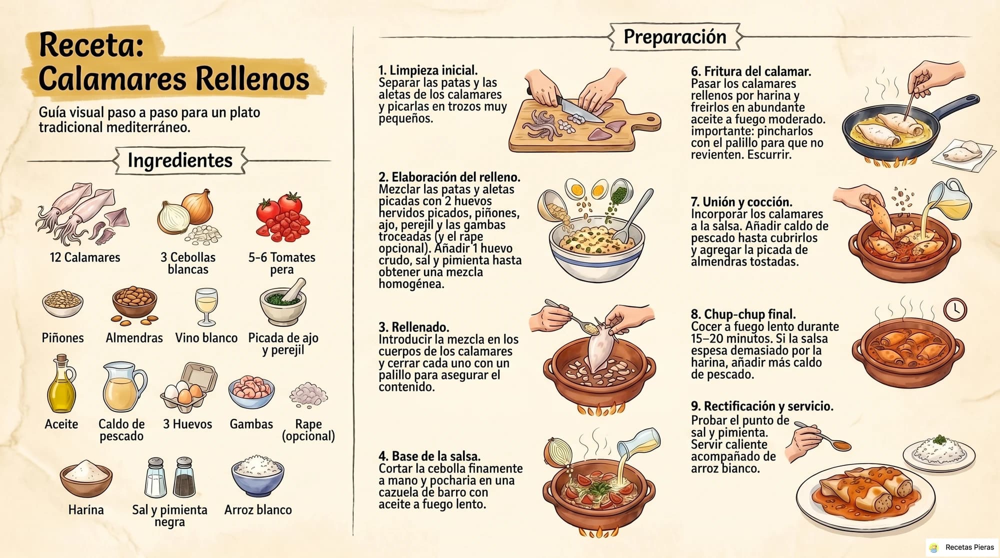 Infografía con los ingredientes y la preparación de Calamares rellenos