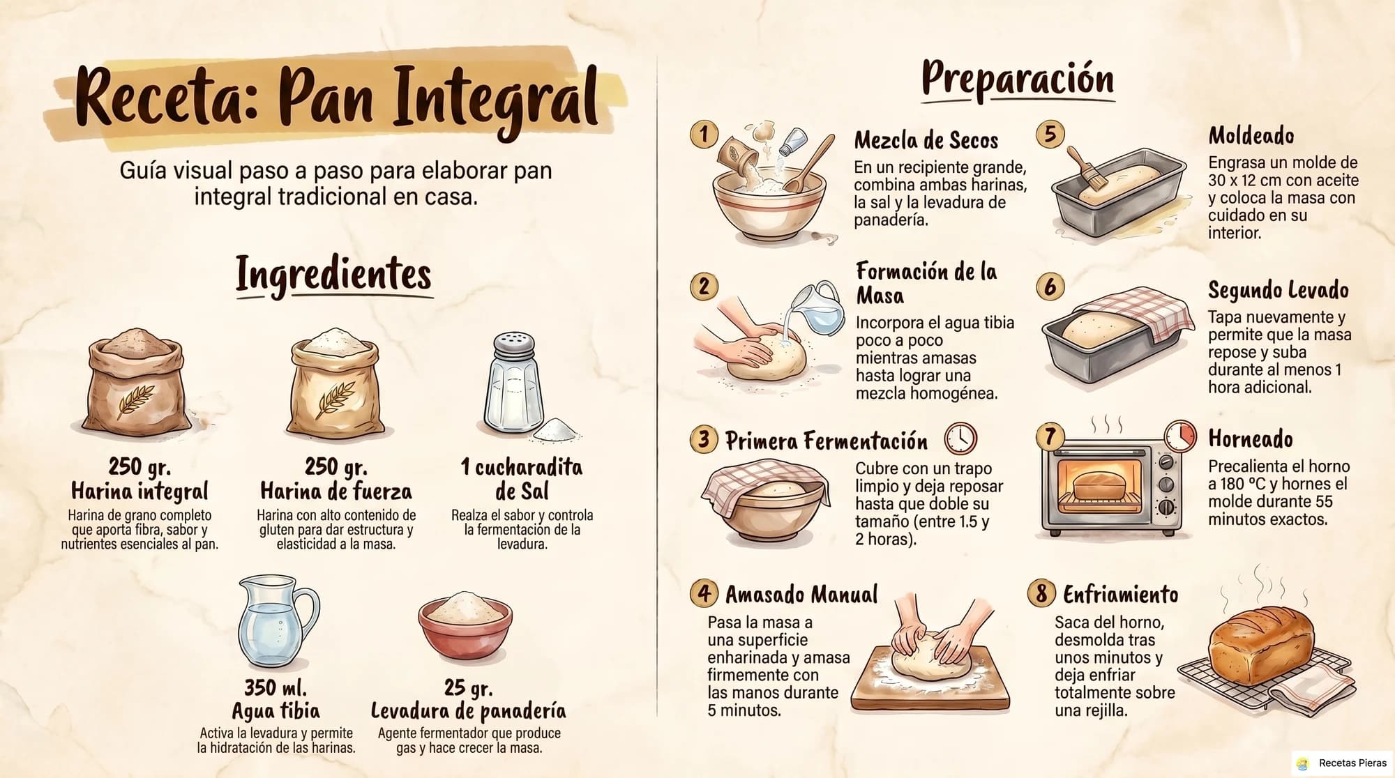 Infografía con los ingredientes y la preparación de Pan integral
