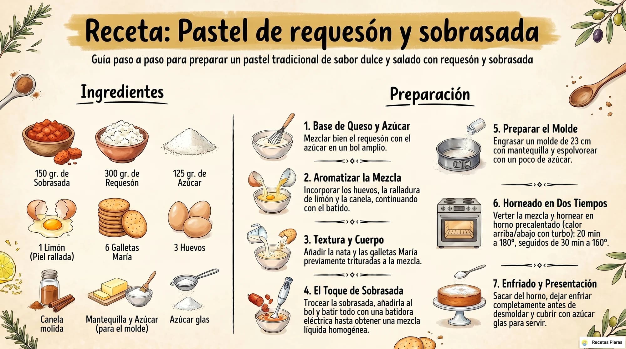 Infografía con los ingredientes y la preparación de Pastel de requesón y sobrasada