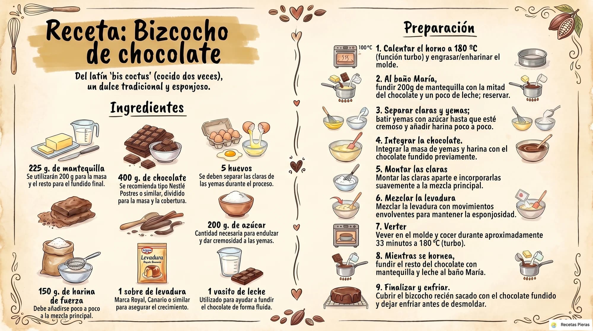 Infografía con los ingredientes y la preparación de Bizcocho de chocolate