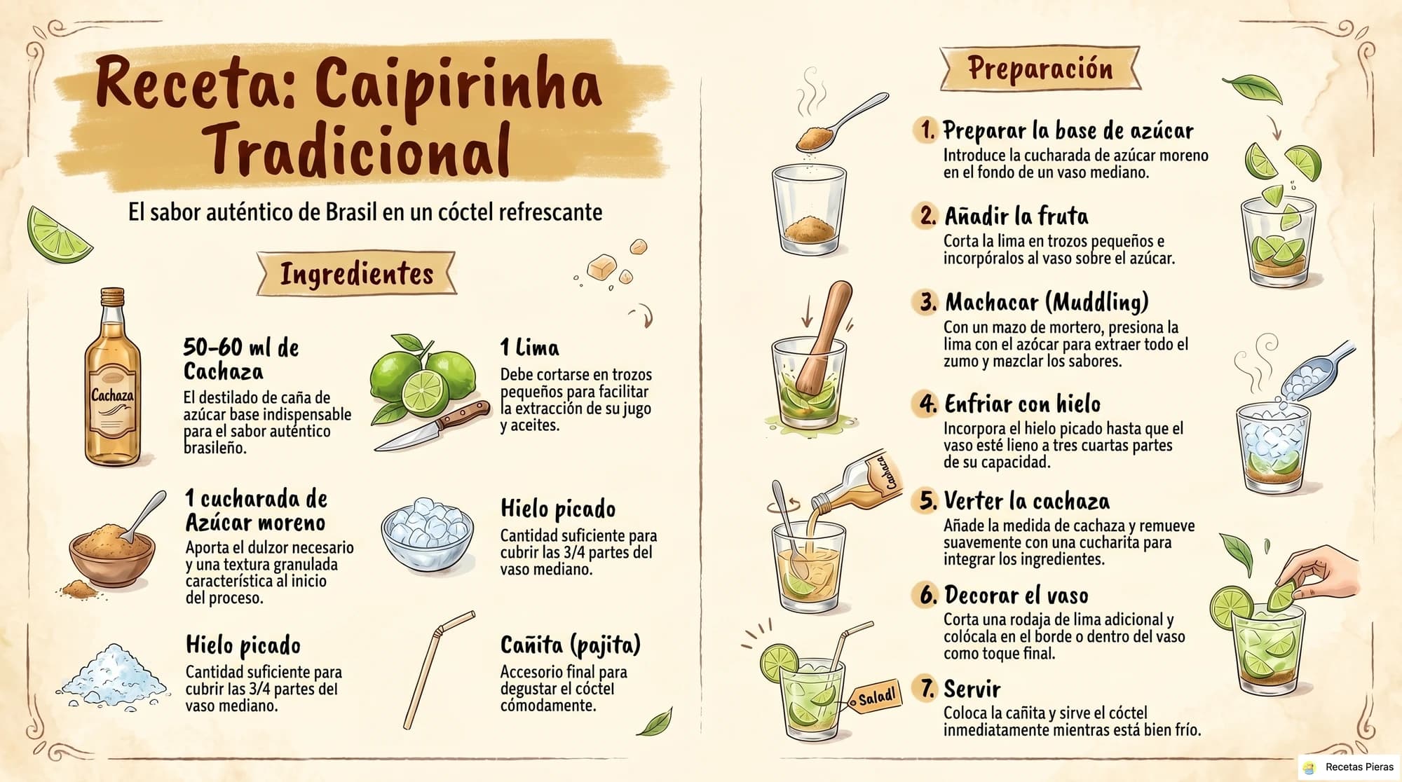 Infografía con los ingredientes y la preparación de Caipirinha