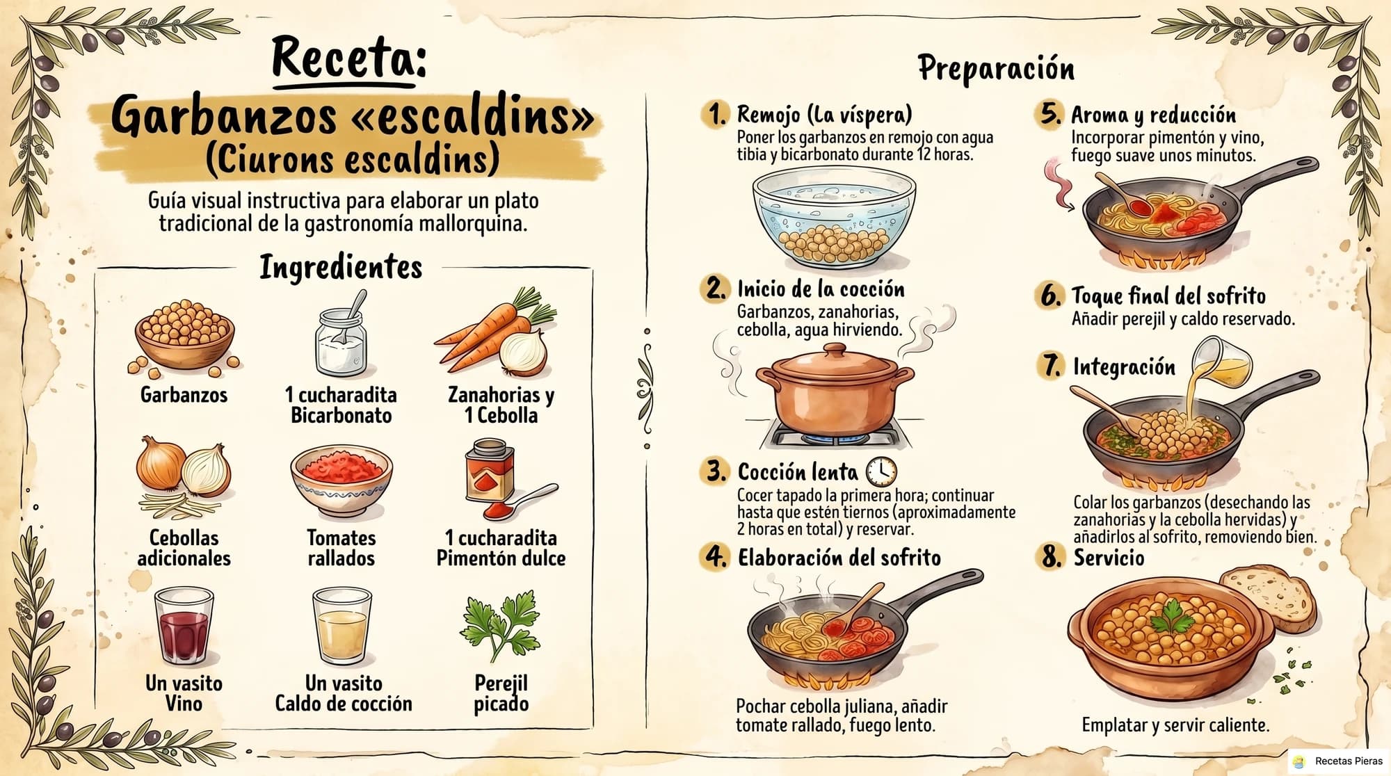 Infografía con los ingredientes y la preparación de Garbanzos «escaldins»