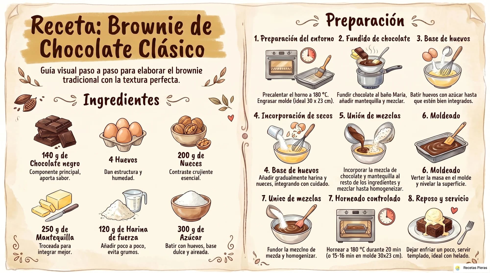 Infografía con los ingredientes y la preparación de Brownie