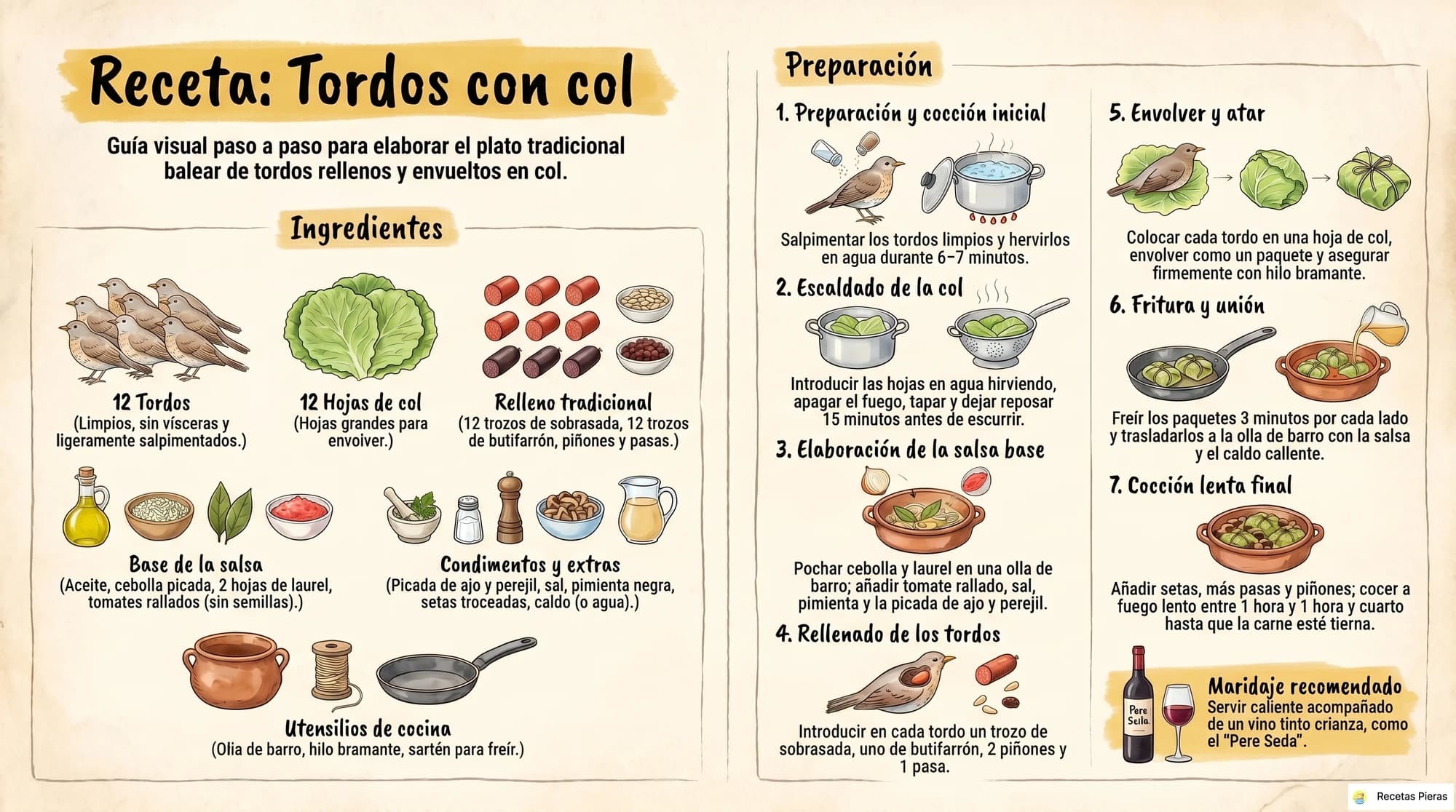 Infografía con los ingredientes y la preparación de Tordos con col