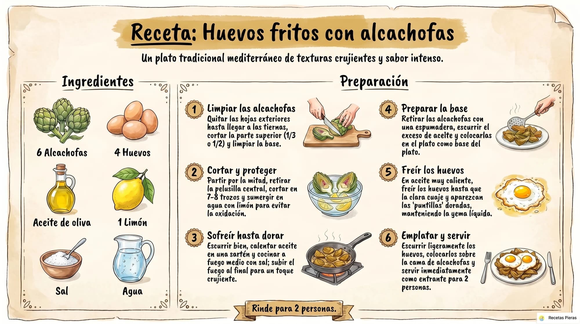 Infografía con los ingredientes y la preparación de Huevos fritos con alcachofas