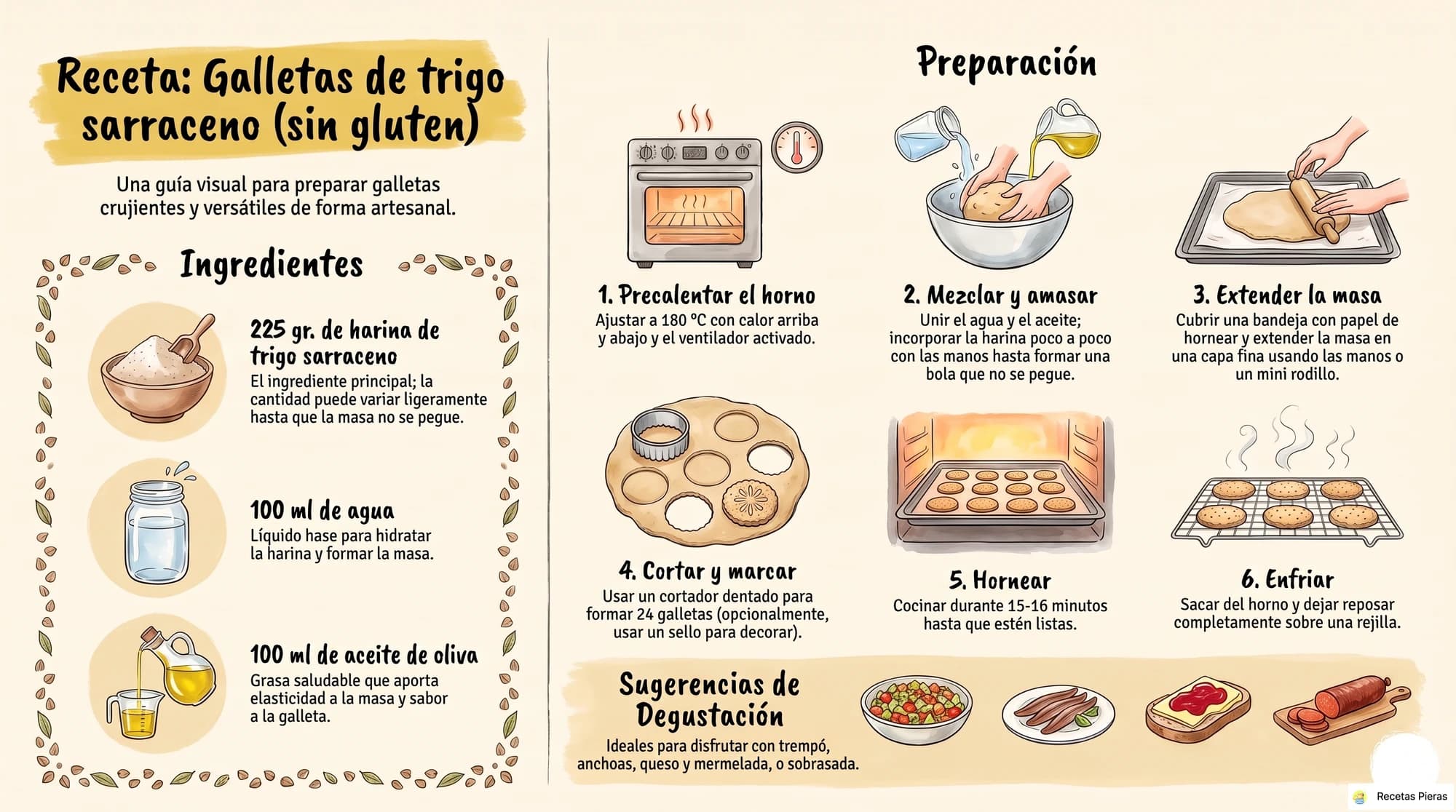 Infografía con los ingredientes y la preparación de Galletas de trigo sarraceno (sin gluten)