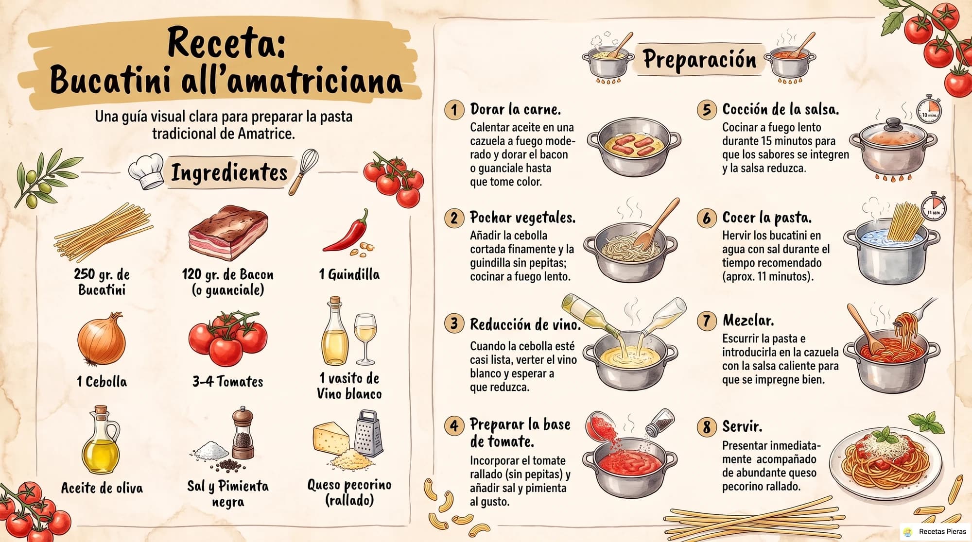 Infografía con los ingredientes y la preparación de Bucatini all’amatriciana